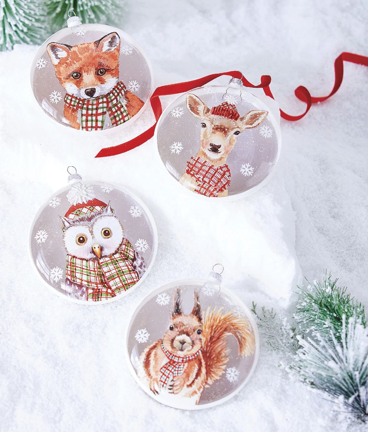 Raz 5.5" Set Of 4 North Pole Friends Glass Disc Christmas Ornament 4224624 1 Raz 5.5" Set Of 4 North Pole Friends Glass Disc Christmas Ornament 4224624