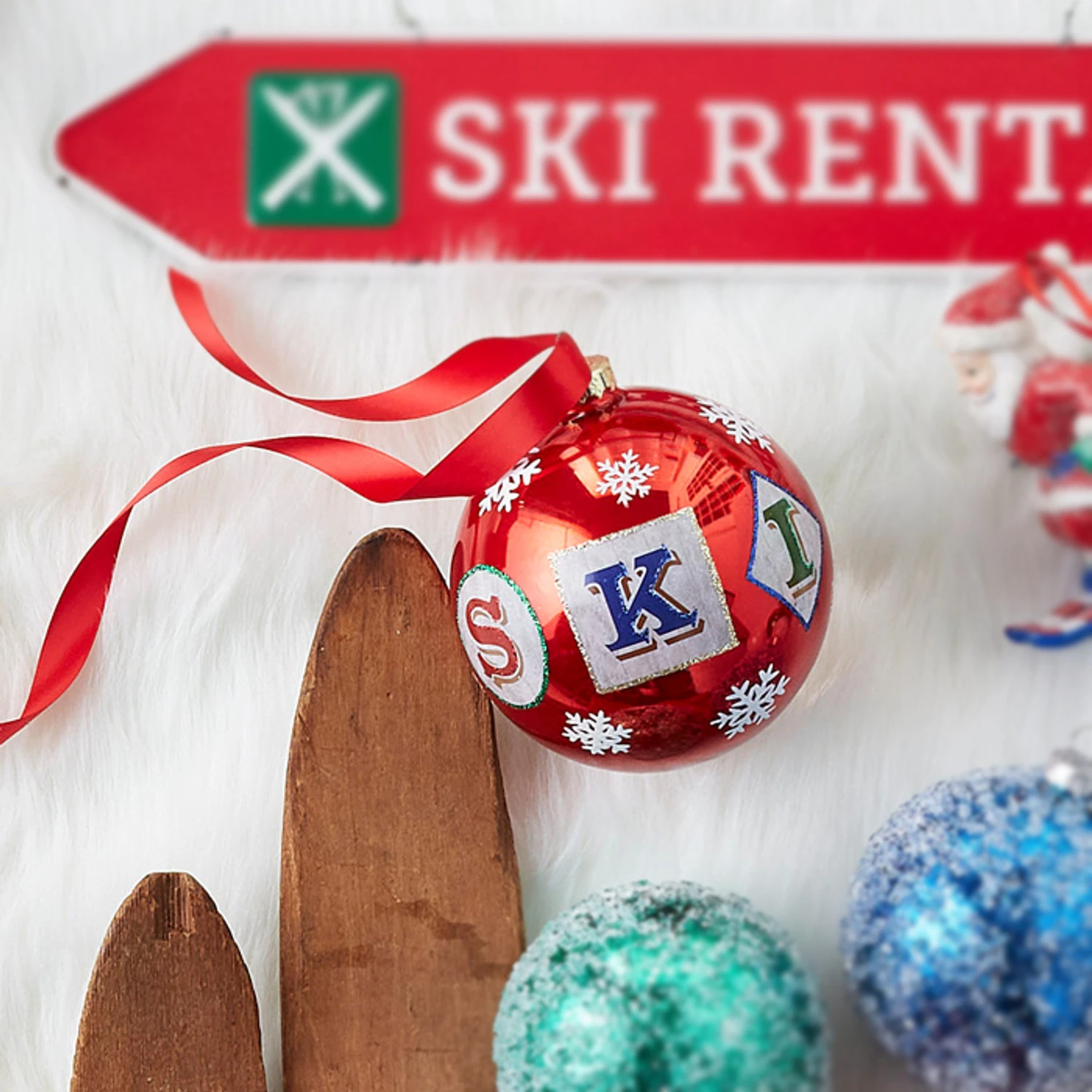 Raz 5" Large SKI Glass Ball Christmas Ornament 4324516 1 Raz 5" Large SKI Glass Ball Christmas Ornament 4324516