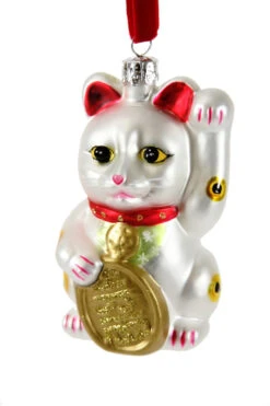 Cody Foster 4.25" White Lucky Cat Glass Christmas Ornament GO-2781-W