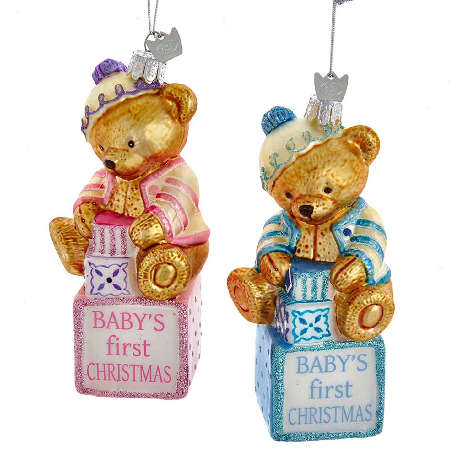 Kurt Adler 5" Noble Gems Pink Or Blue Baby's First Christmas Baby Bear Glass Christmas Ornament NB1675 1 Kurt Adler 5" Noble Gems Pink Or Blue Baby's First Christmas Baby Bear Glass Christmas Ornament NB1675