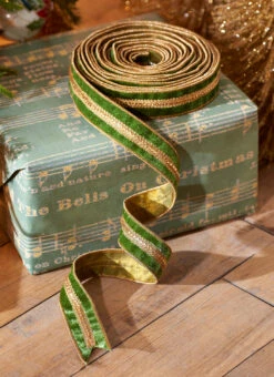 Raz 1.5" Green Velvet Christmas Ribbon With Gold Jewels R4227719