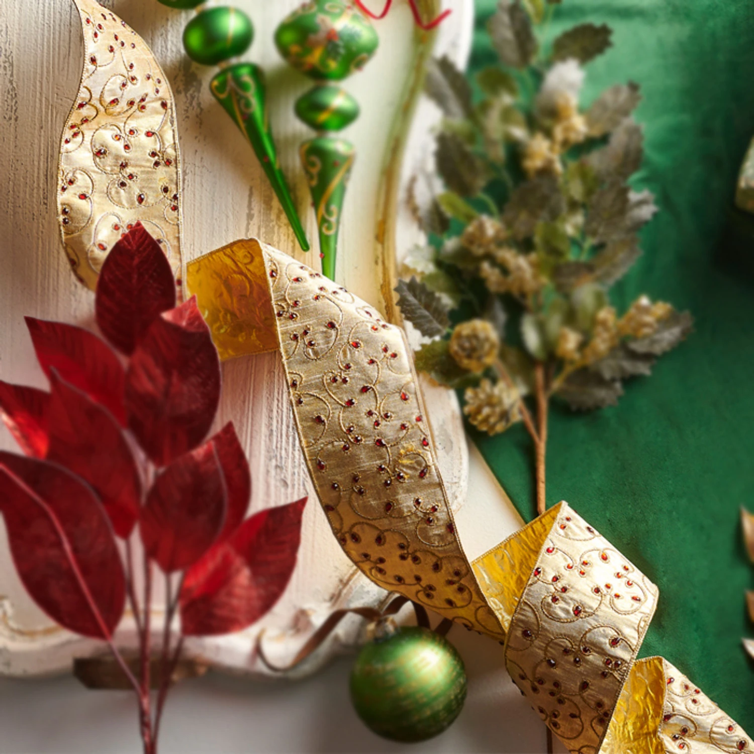 Raz 4" Gold Jeweled Wired Christmas Ribbon R4371756 1 Raz 4" Gold Jeweled Wired Christmas Ribbon R4371756