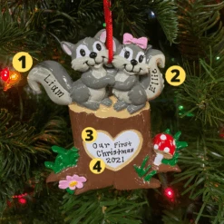 Squirrel Couple On Tree Trunk With Heart Personalized Christmas Ornament OR1890-SQ
