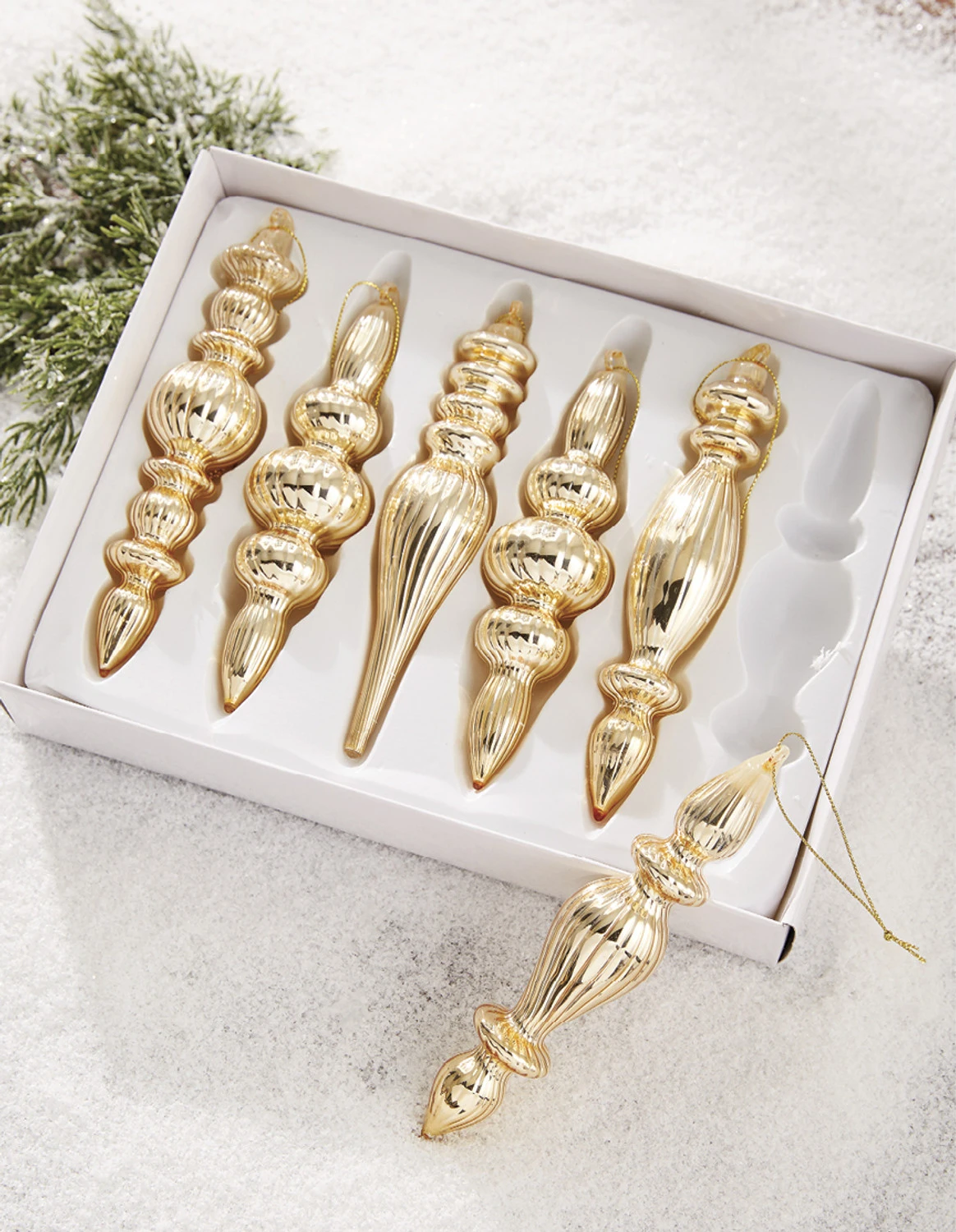 Raz 6.5" Box Of Gold Finial Glass Christmas Ornaments 4122829 1 Raz 6.5" Box Of Gold Finial Glass Christmas Ornaments 4122829