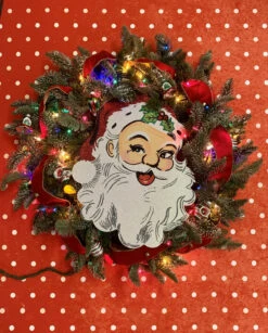 30" Handmade Vintage Inspired Santa Lighted Wreath W/ Shiny Brite Ornaments