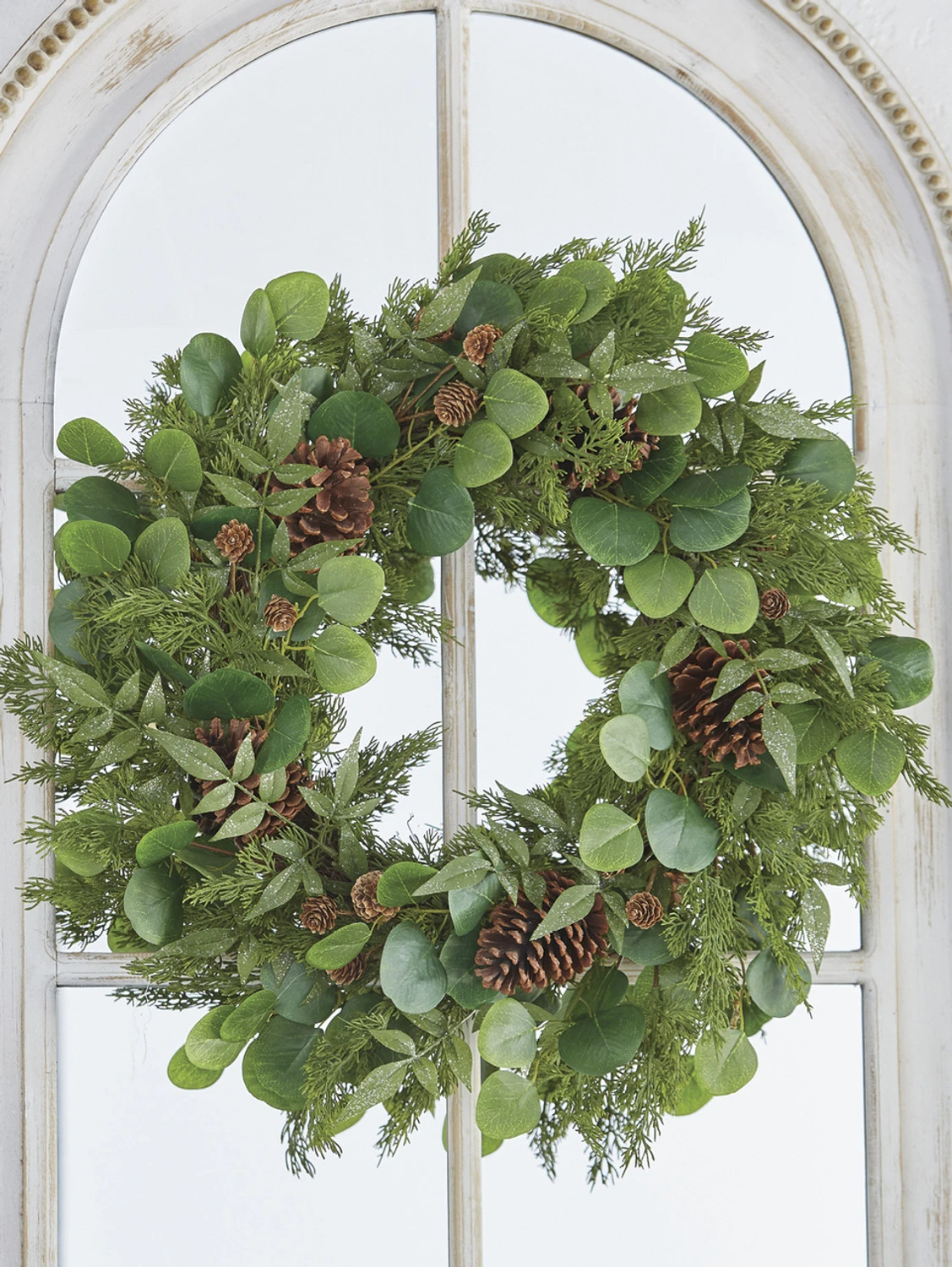 Raz 27" Iced Mixed Greenery, Eucalyptus And Pinecone Christmas Wreath W4102617 1 Raz 27" Iced Mixed Greenery, Eucalyptus And Pinecone Christmas Wreath W4102617