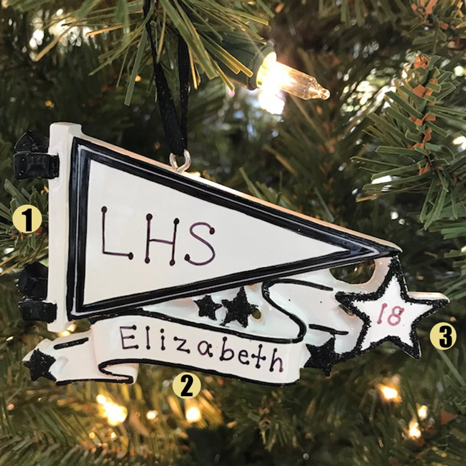 Glittered Black Sports Pennant Personalized Christmas Ornament OR1558-BK 3 Glittered Black Sports Pennant Personalized Christmas Ornament OR1558-BK - Image 3