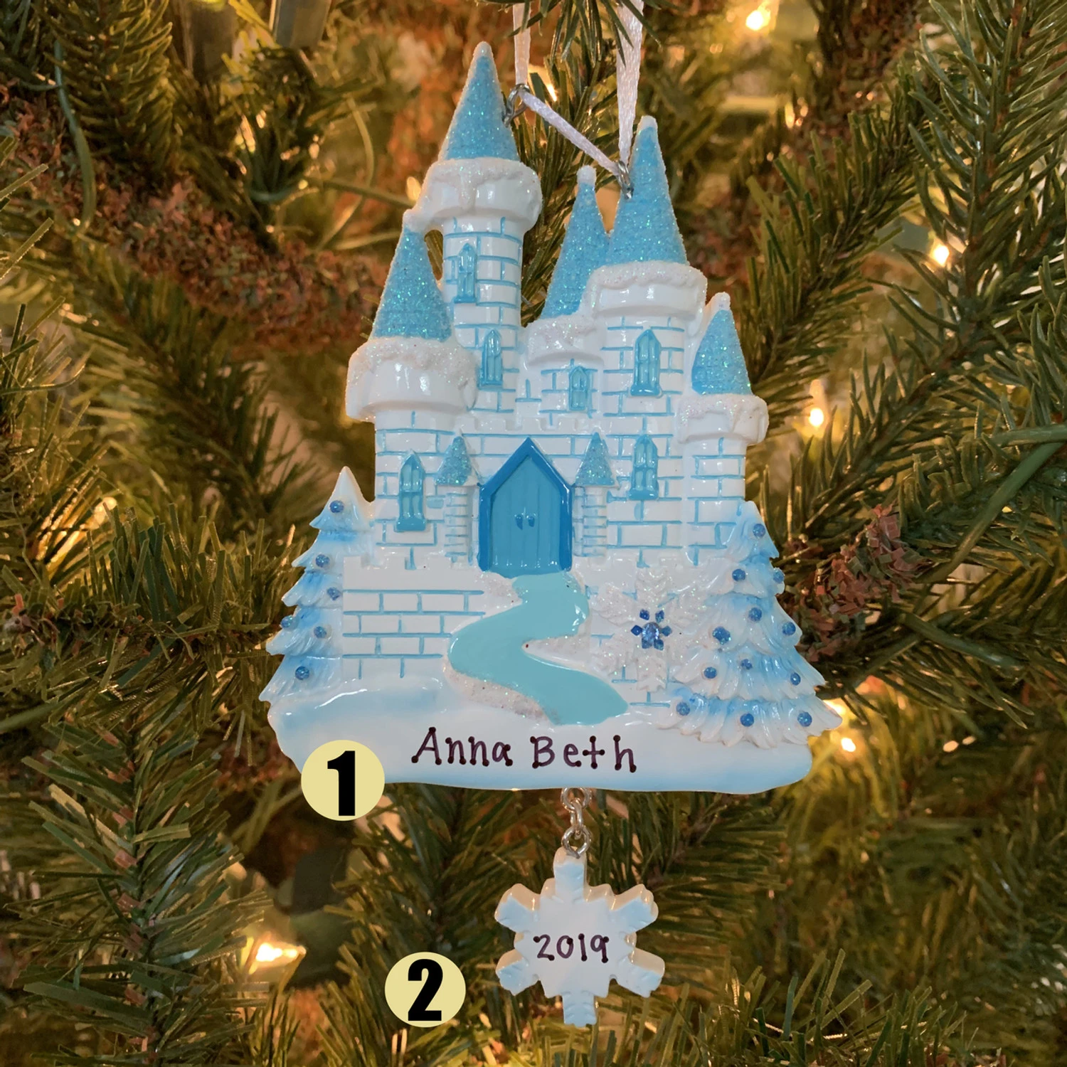 Blue And White Ice Castle Personalized Christmas Ornament OR1462 1 Blue And White Ice Castle Personalized Christmas Ornament OR1462