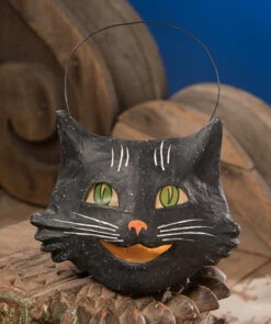 Bethany Lowe 8" Vintage Happy Black Cat Halloween Candy Bucket TJ8661